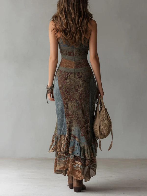 Elena | Vestido Largo Asimétrico un Hombro Estampado Étnico