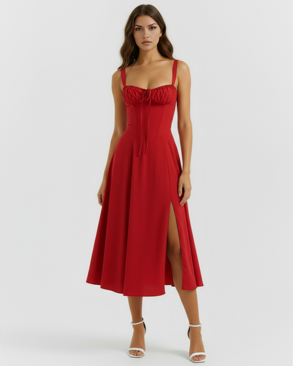 Vestido midi con corsé y abertura