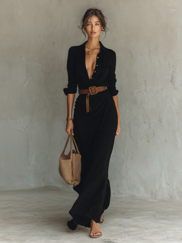 Vestido Maxi Cuello Solapa Mangas Largas