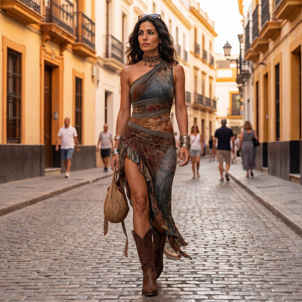 Elena | Vestido Largo Asimétrico un Hombro Estampado Étnico
