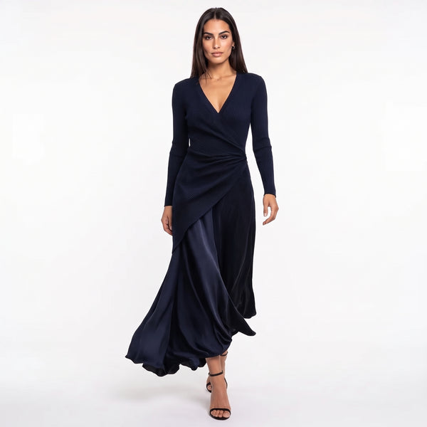 Loredana | Vestido Maxi Asimétrico con Escote en V y Paneles de Satén Azul Marino