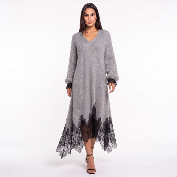 Vestido midi gris de punto con bajo de encaje