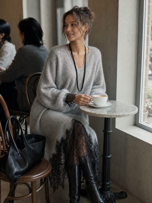Vestido midi gris de punto con bajo de encaje