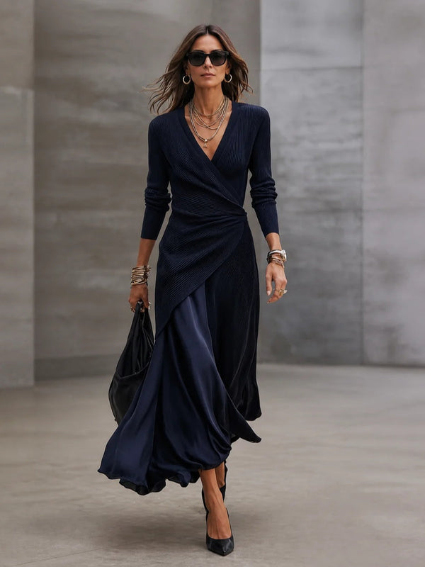 Loredana | Vestido Maxi Asimétrico con Escote en V y Paneles de Satén Azul Marino