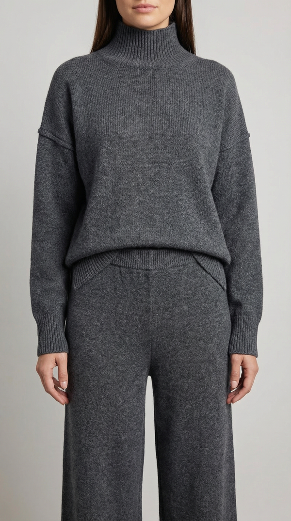 Conjunto de suéter de punto de cuello alto y pantalones vaqueros