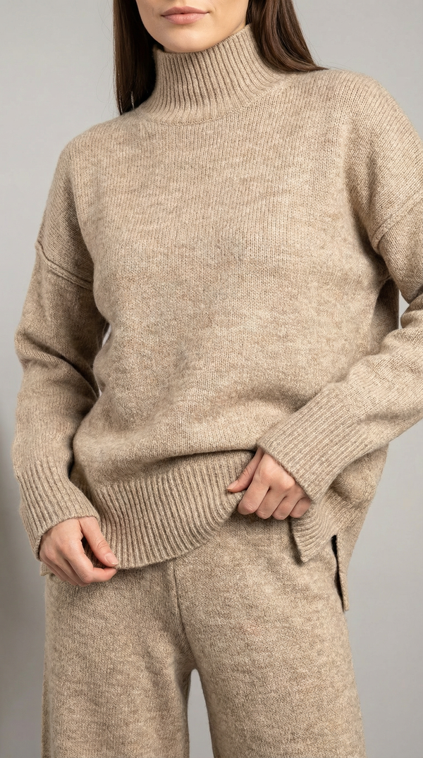 Conjunto de suéter de punto de cuello alto y pantalones vaqueros