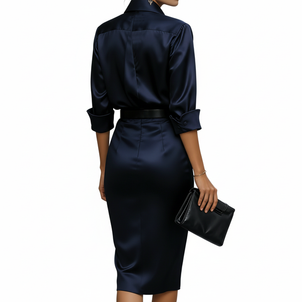 Vestido Elegante Midi con Cinturón y Cuello Clásico